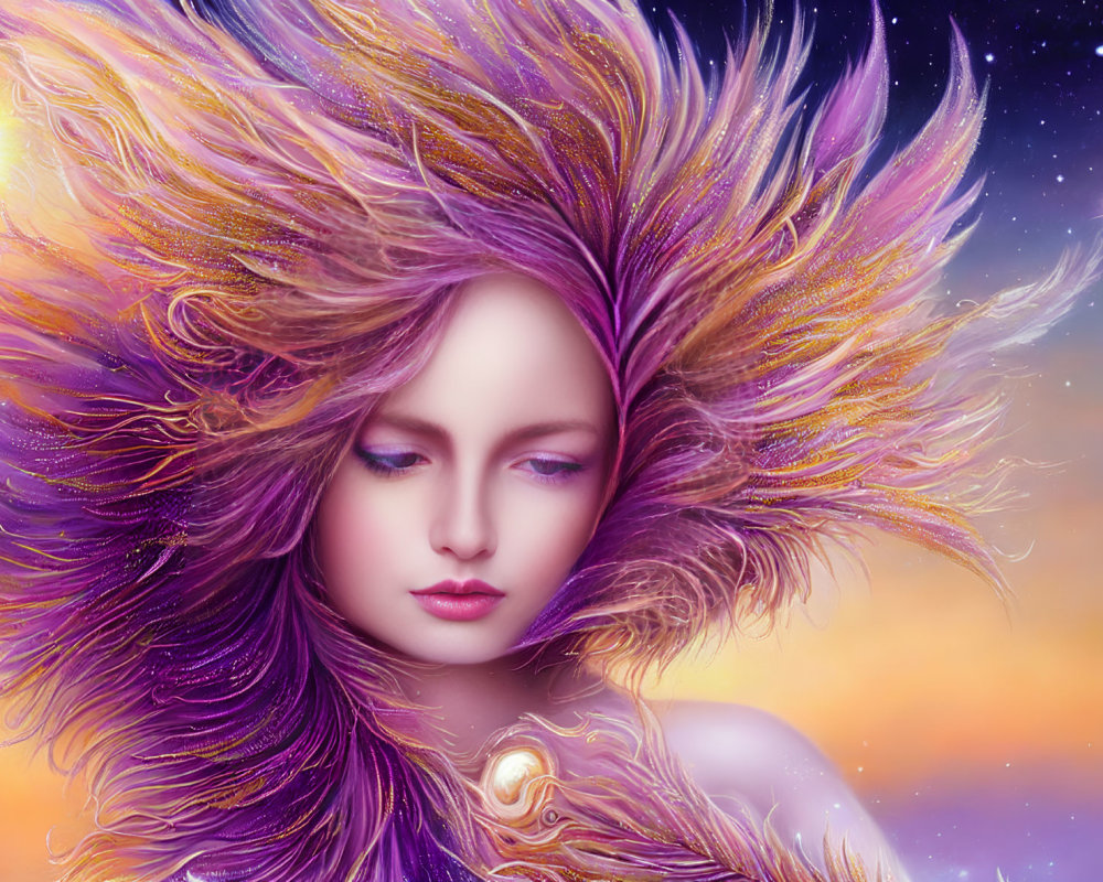 Ethereal woman with flowing purple hair in cosmic background