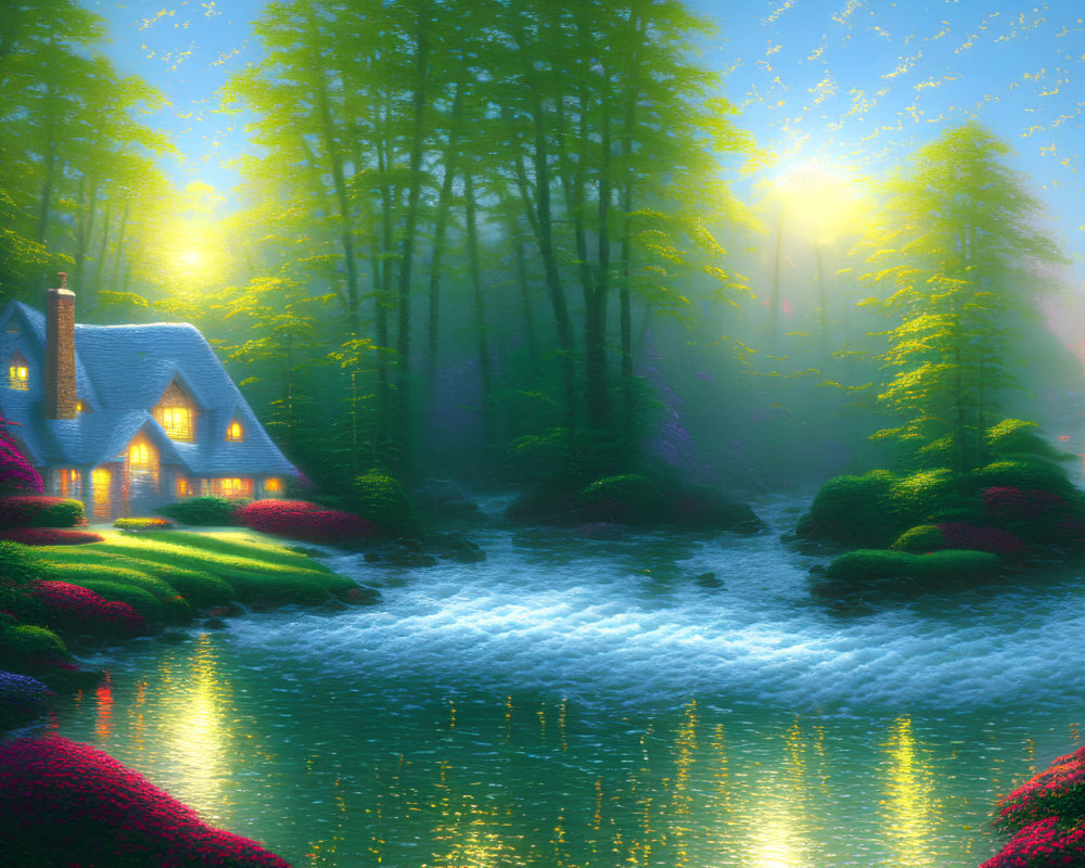 Enchanting cottage in magical forest with glowing windows