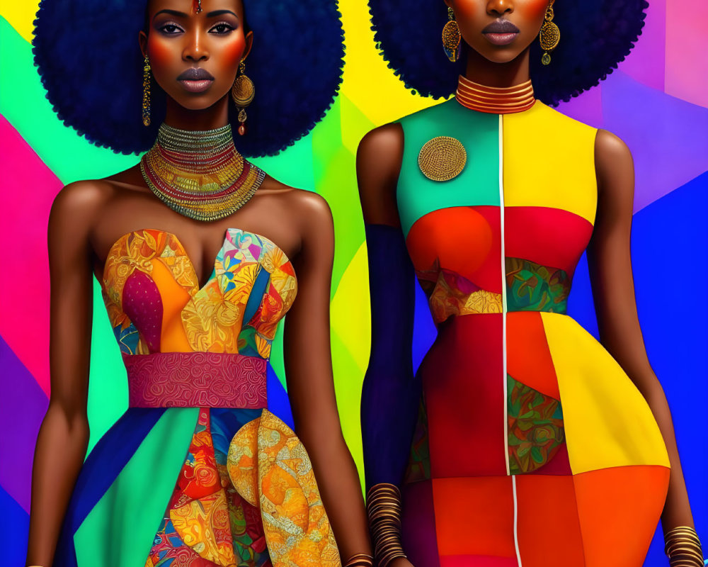 Two women in vibrant attire against colorful geometric backdrop.