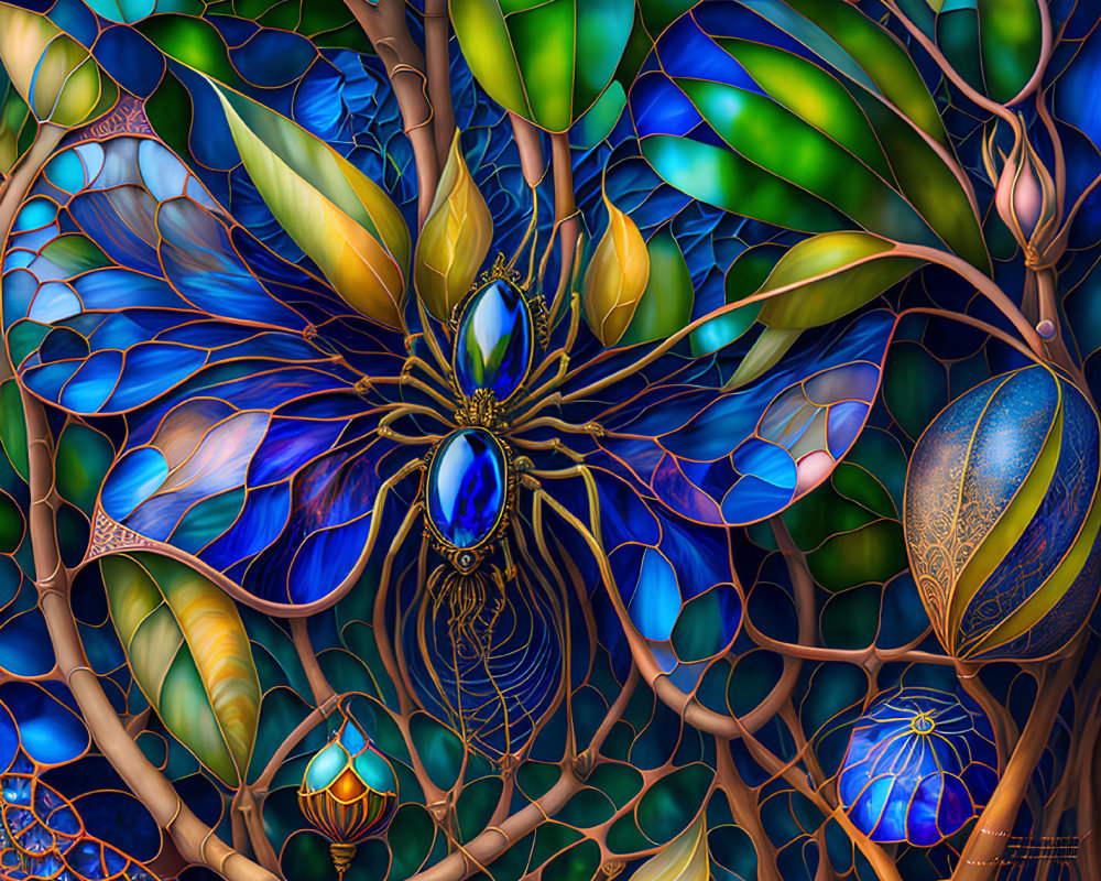 Colorful Stained Glass-Inspired Digital Artwork with Abstract Floral Design