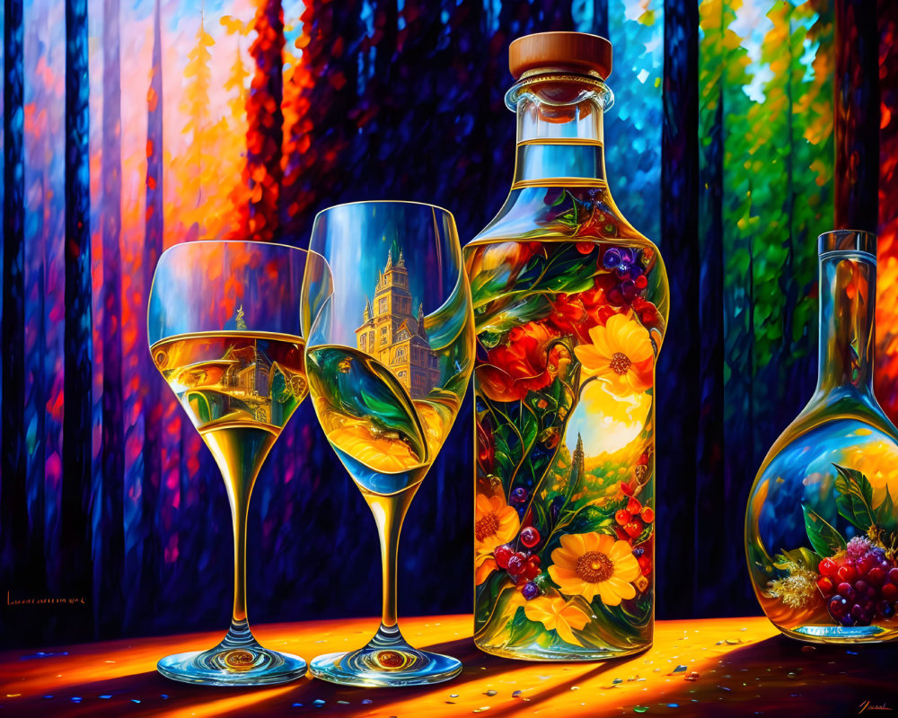 Colorful still-life painting of wine glasses, bottle, and carafe against forest backdrop