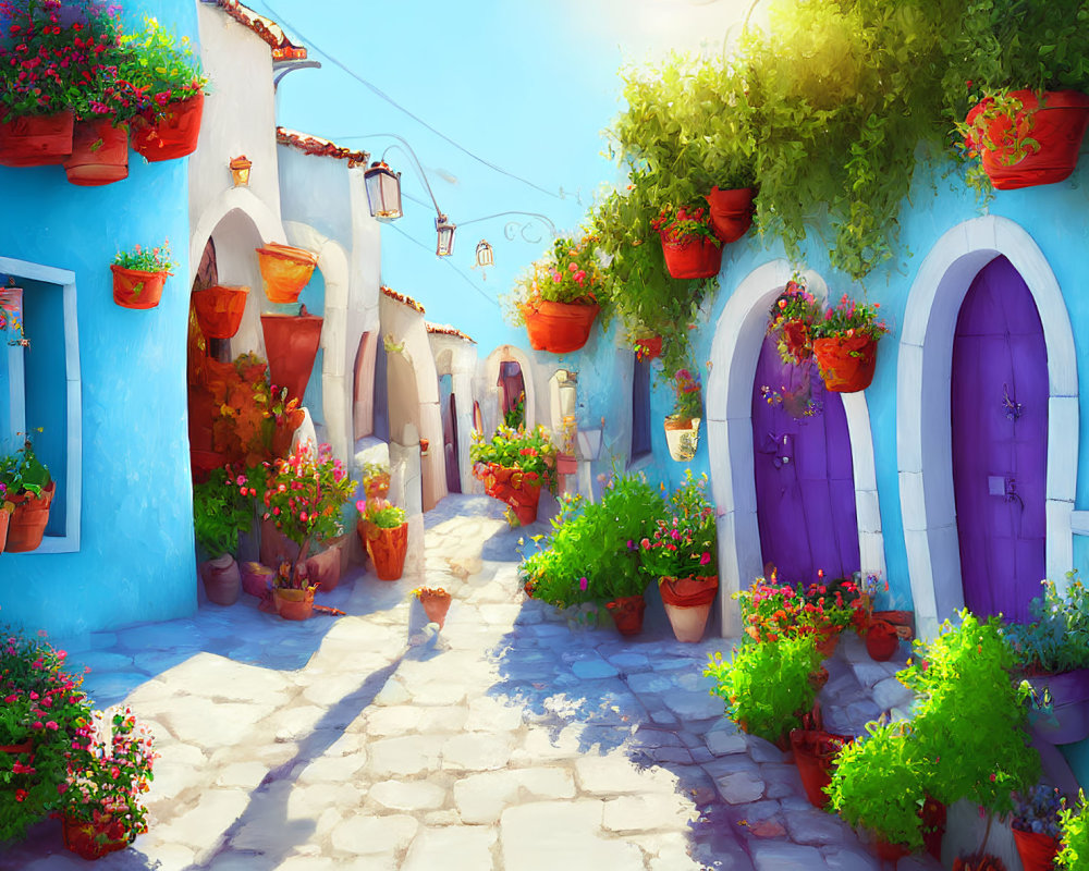 Vibrant illustration of alley with colorful walls and flower pots