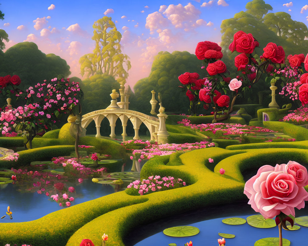 Tranquil landscape with pink roses, sculpted hedges, pond, bridge, and golden statues