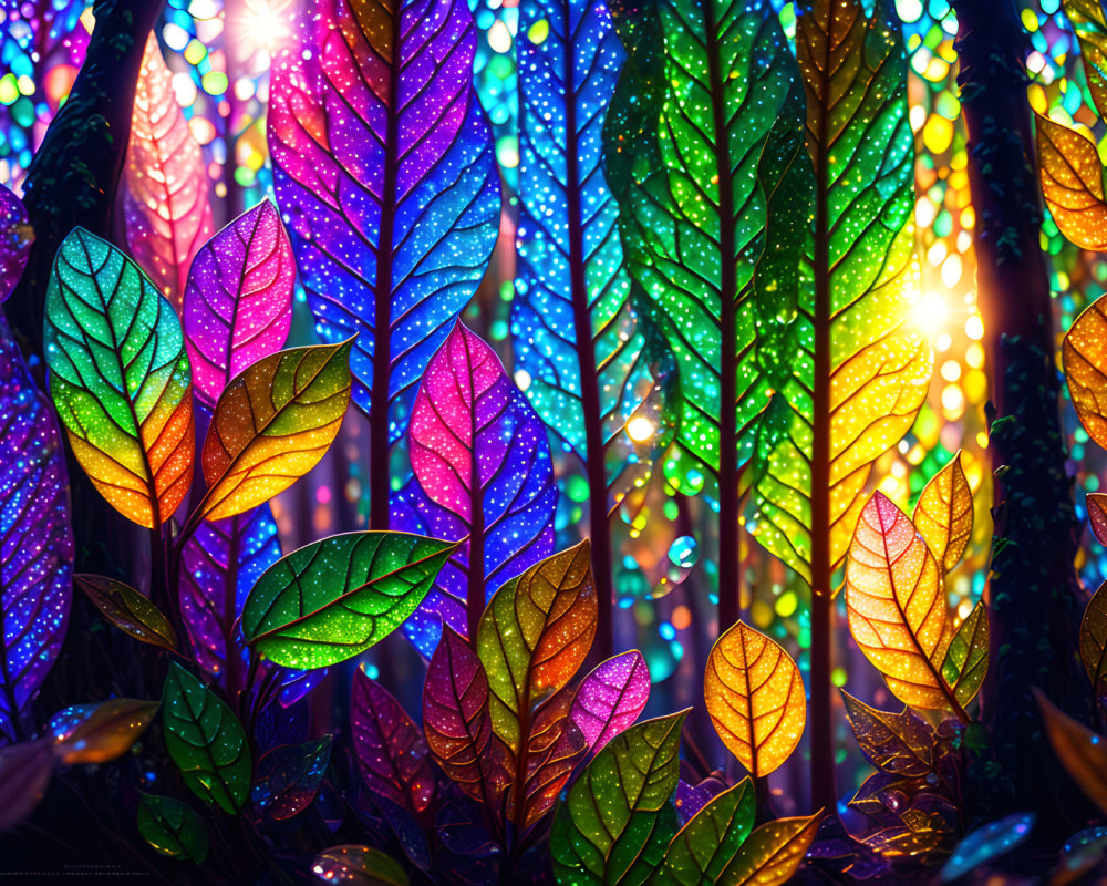 Colorful Leaves in Enchanted Forest with Sparkling Lights