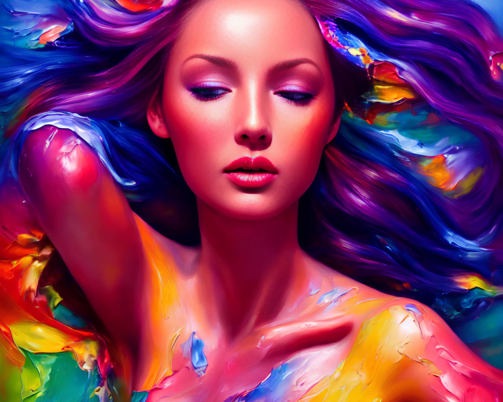 Colorful portrait of woman with multicolored hair and body paint on blue backdrop