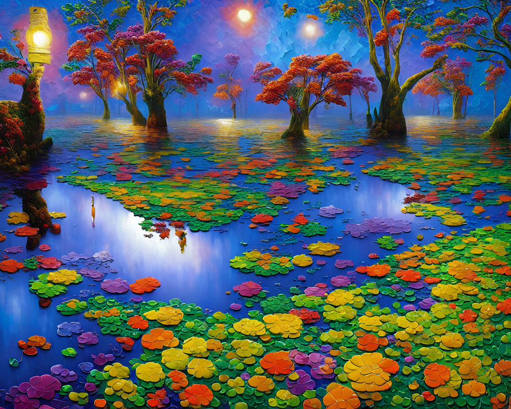 Colorful Landscape with Serene Pond and Luminous Trees at Twilight