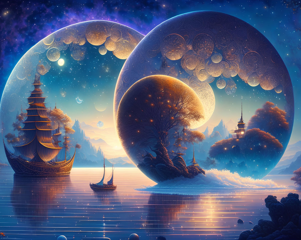 Vibrant surreal fantasy landscape with sailboat, cosmic orbs, and ethereal trees