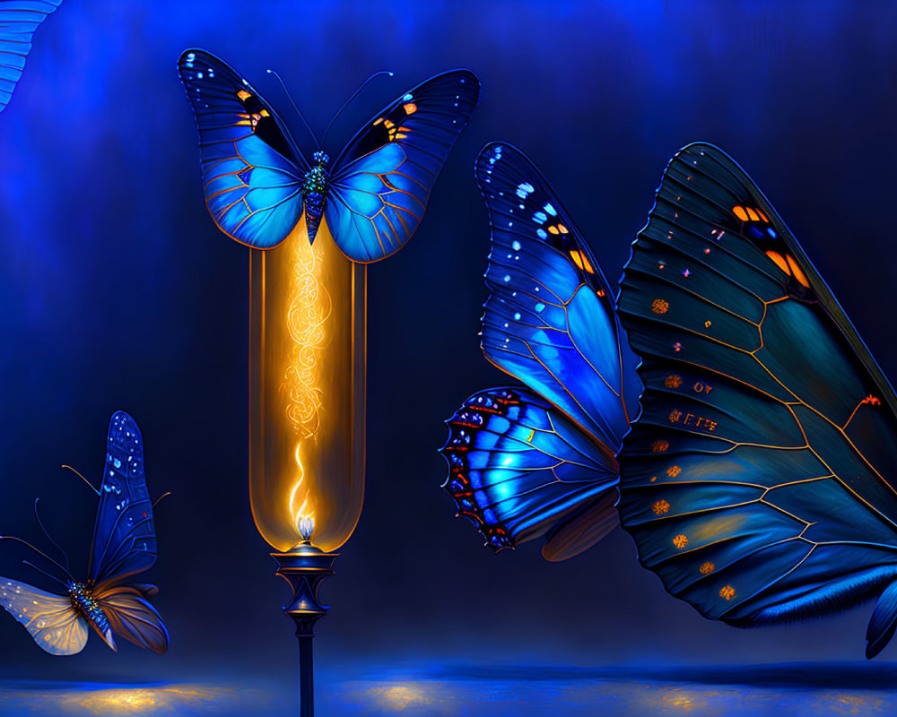 Vibrant blue butterflies around golden lamp on dark blue background