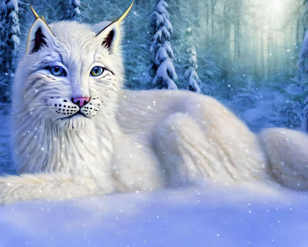Majestic white lynx with blue eyes in snowy forest