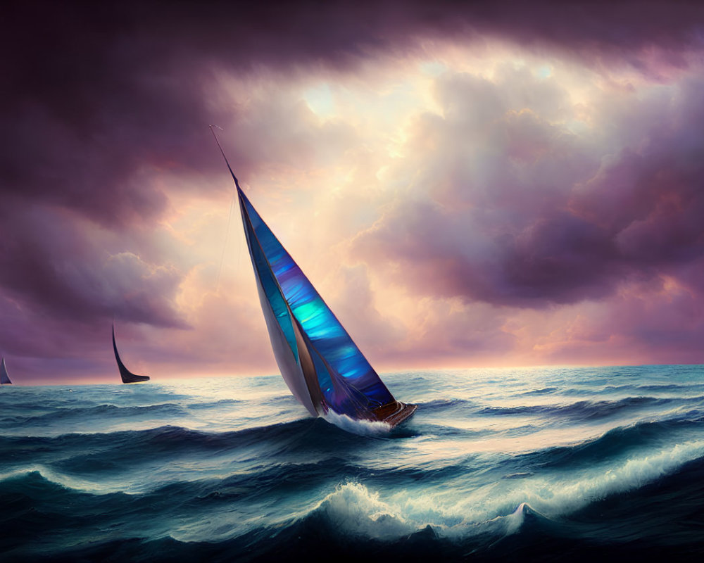 Sailboat with blue sail in stormy waters at sunset