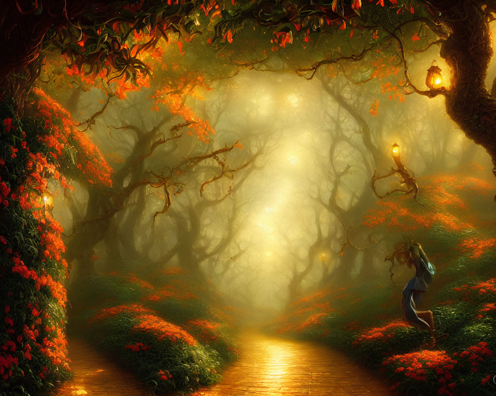Enchanting forest path with red flowers, fog, lanterns, and a person.