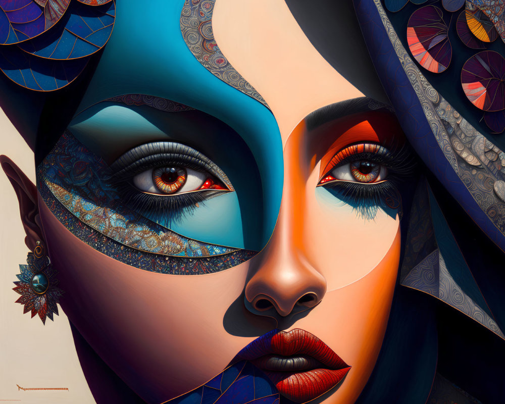 Colorful and intricate artwork of a woman's face with bold patterns and stylized eyes