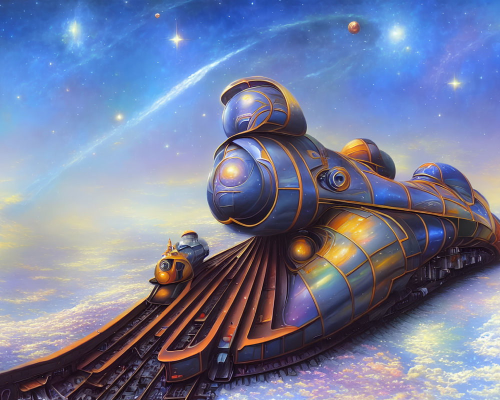 Futuristic space train on cosmic tracks under starry sky