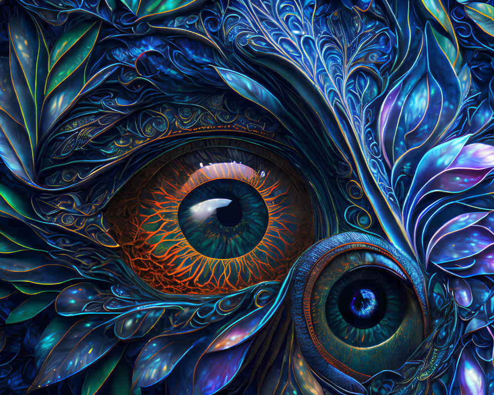 Colorful digital artwork of human eye with leaf-like patterns in blue and orange.