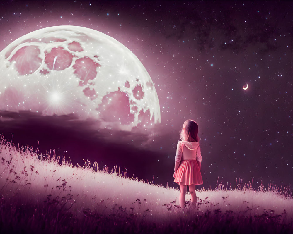 Girl in Pink Dress Stands in Field Under Moonlit Sky