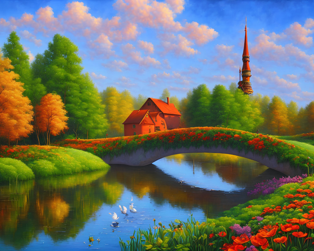 Tranquil river scene with stone bridge, house, spire, trees, flowers, and sw