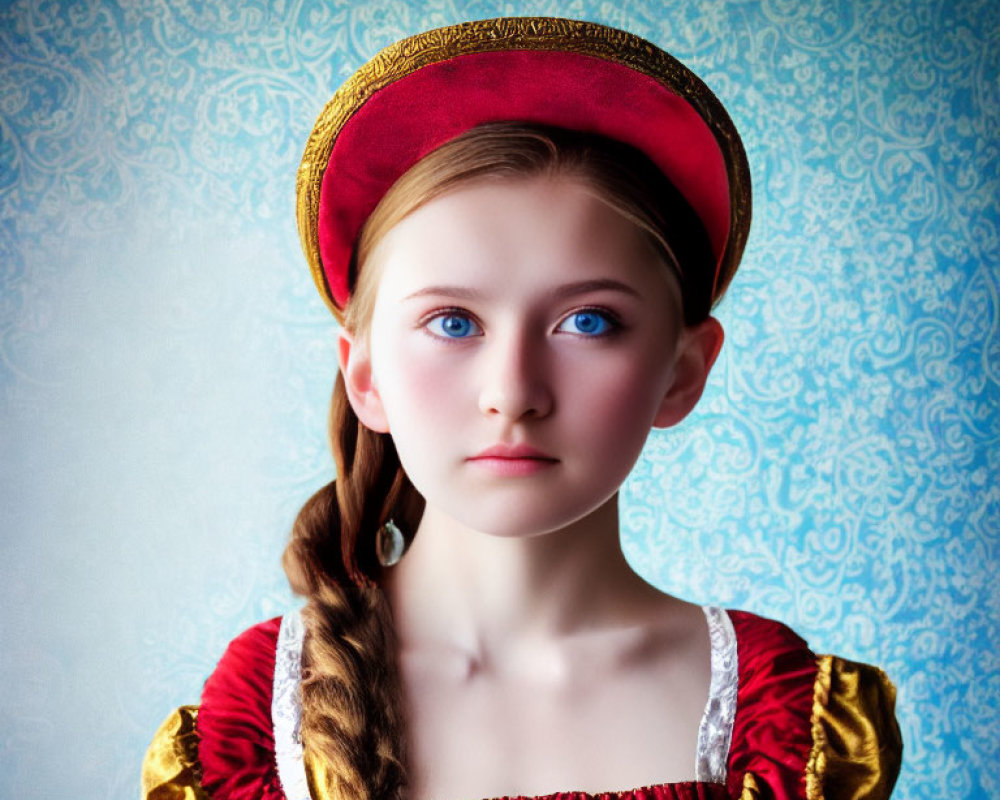 Young girl in red and gold Renaissance dress with blue eyes on patterned background