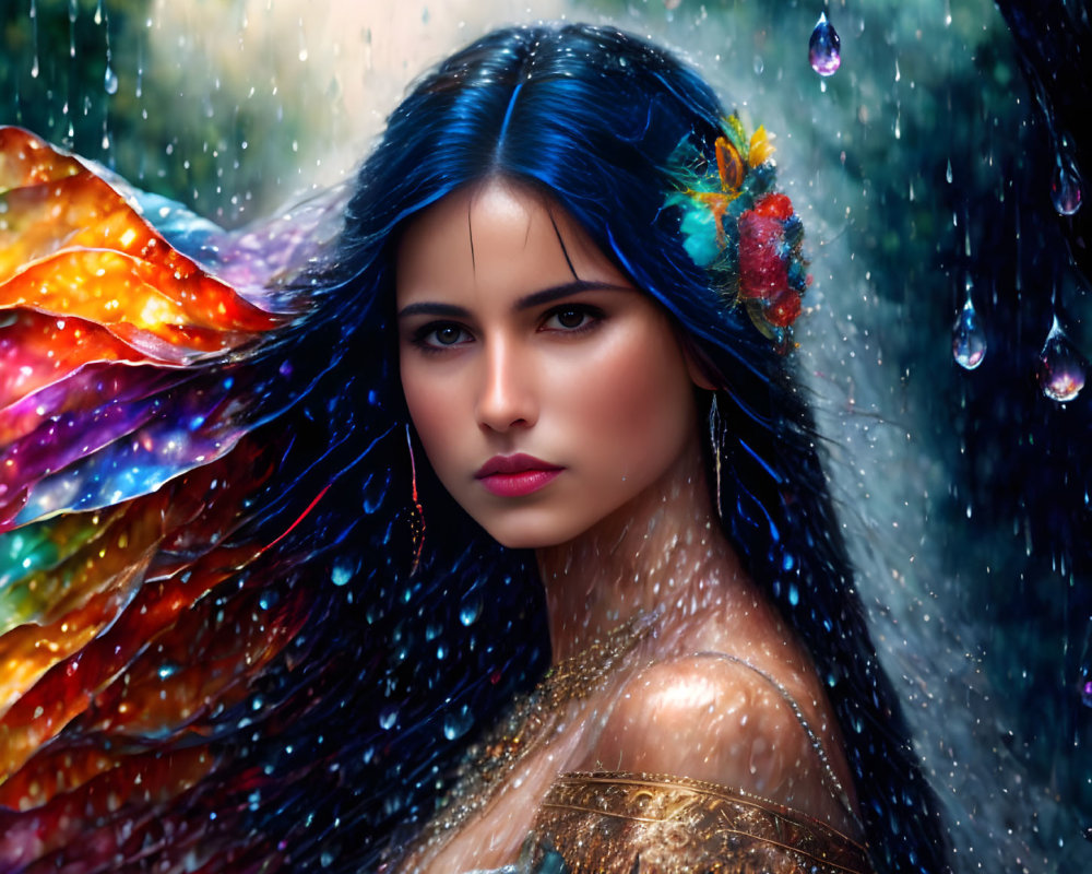 Vibrant digital artwork: woman with blue hair & multicolored wings on rain-streaked