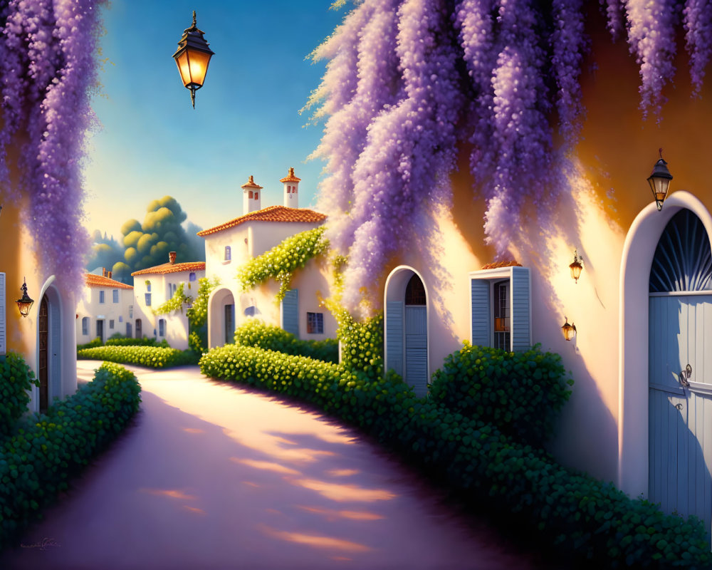 Tranquil street scene with white houses, ivy, wisteria flowers, and vintage lamps