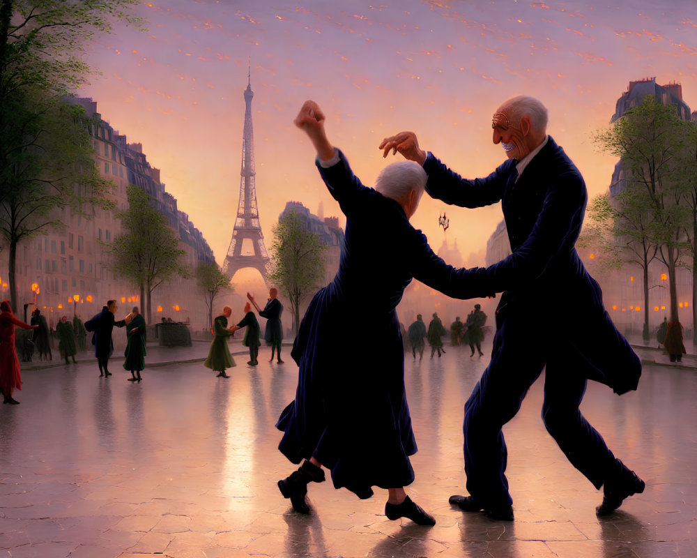 Elderly couple dancing on cobblestone plaza at dusk with Eiffel Tower in background