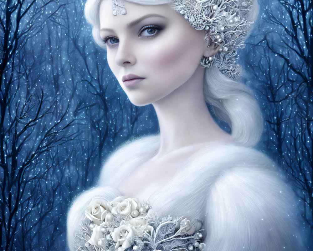 Pale-skinned woman with ice-blue eyes in silver headdress and floral gown against wintry tree backdrop