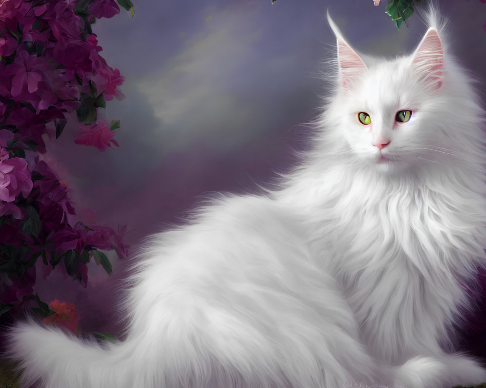 White Fluffy Cat with Green Eyes Surrounded by Purple Flowers