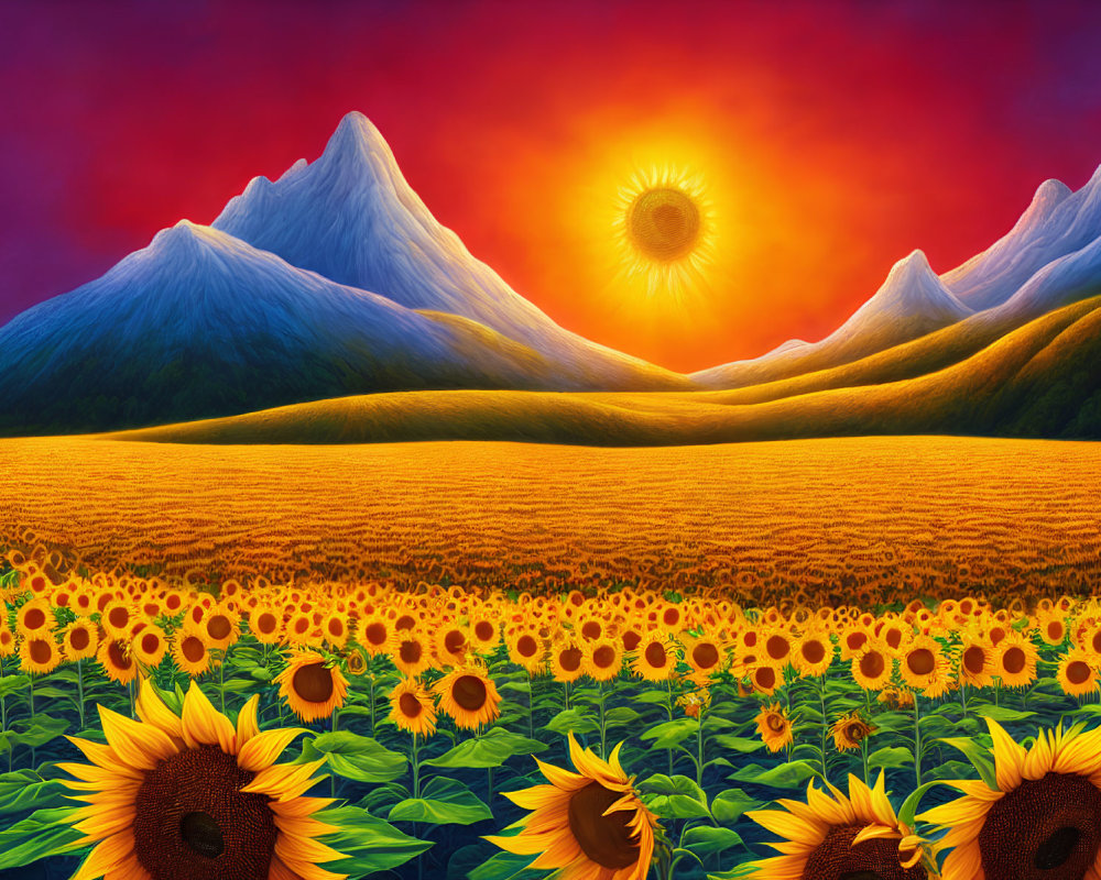 Colorful landscape with snow-capped mountains, sunflowers, and stylized sun eye.