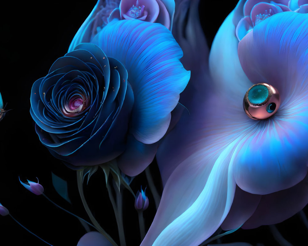 Colorful digital artwork featuring blue roses, butterfly, and eye motif