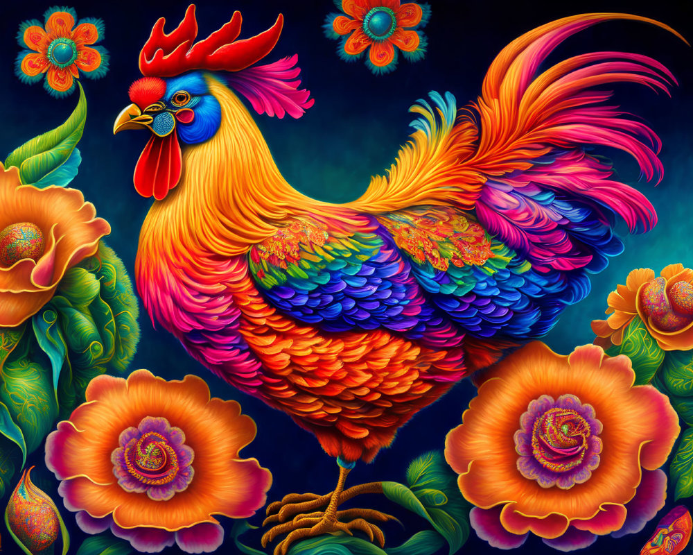 Colorful Rooster Artwork with Orange Flowers on Blue Background