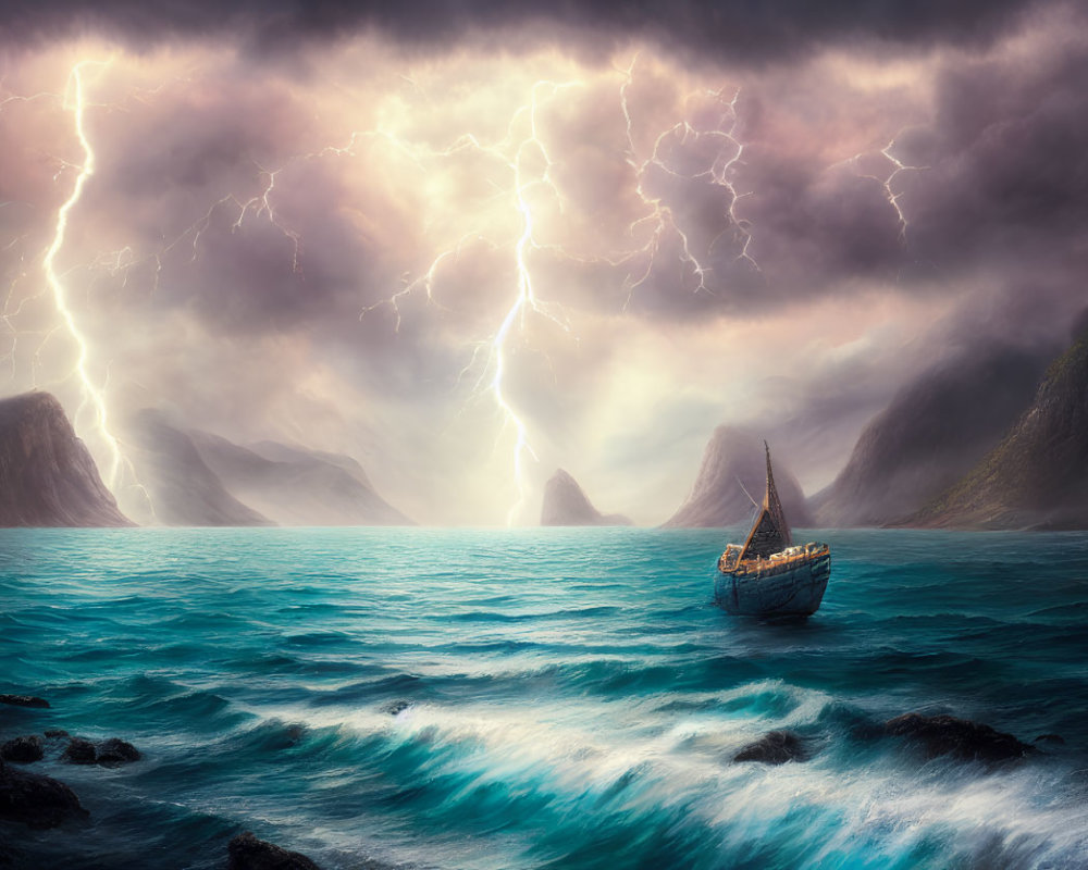 Viking ship navigating stormy sea under dramatic sky