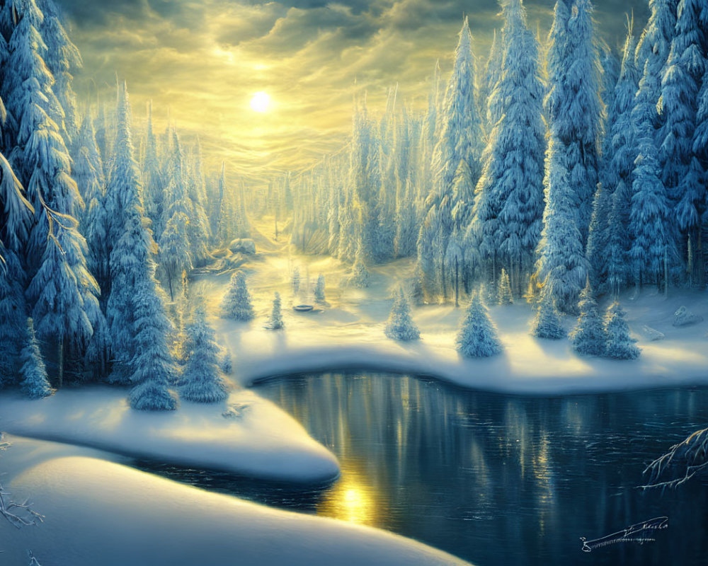Snow-covered forest and river under golden sunrise