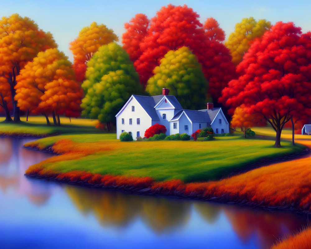 Colorful Autumn Landscape: White House, Calm Lake, Bright Blue Sky