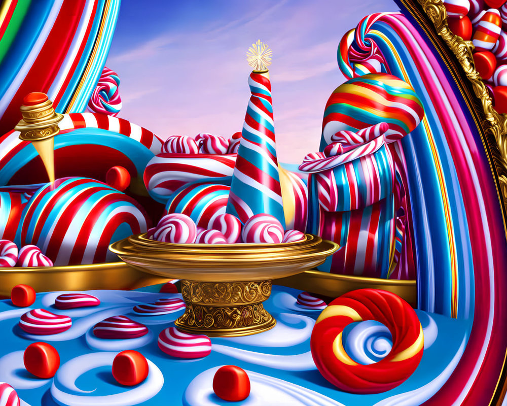 Whimsical candy land digital artwork with vibrant colors