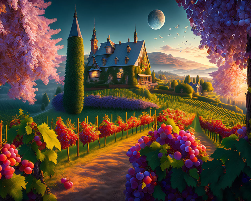 Colorful Vineyard Illustration with Castle and Moonrise at Sunset