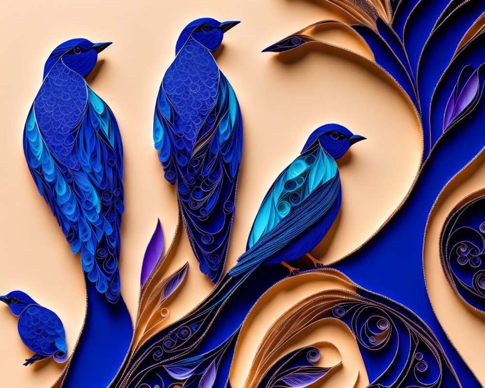 Stylized birds with blue feather patterns on golden-brown background