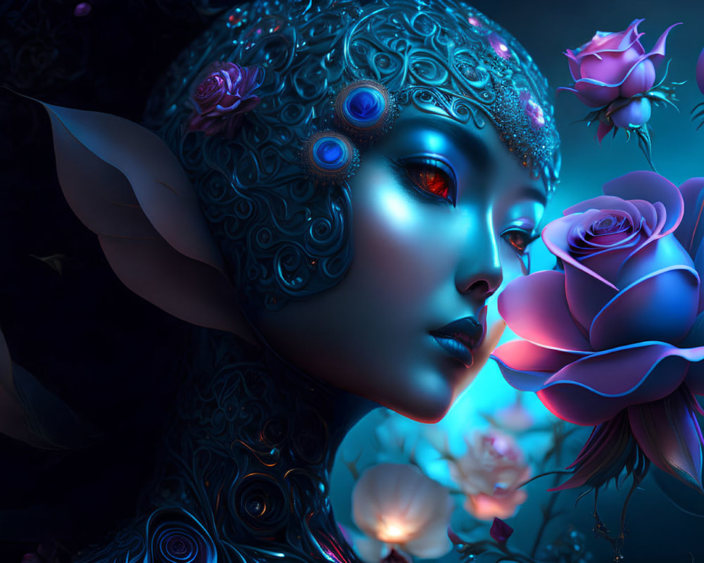 Mystical female figure with ornate headgear and glowing red eyes among vibrant flowers