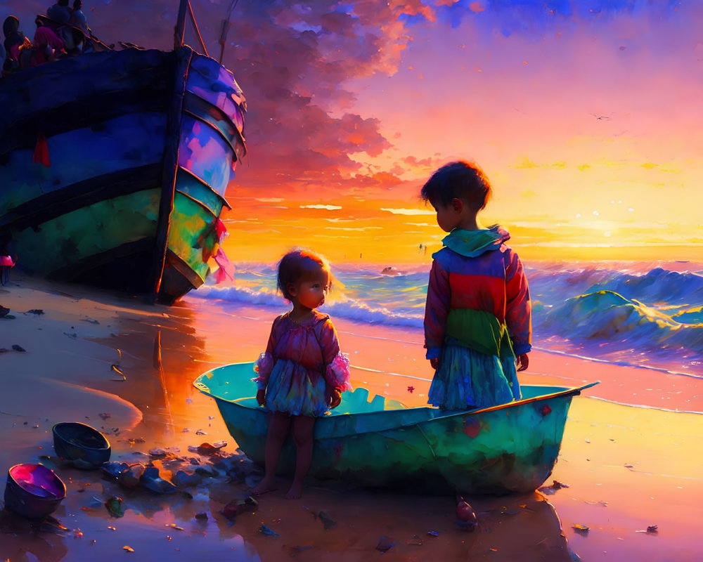 Children standing by small boat on beach at vibrant sunset with ship and waves in distance