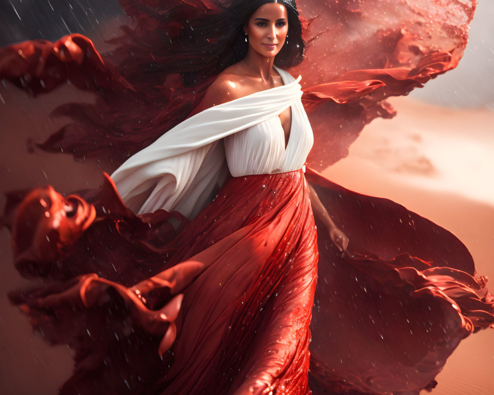 Woman in red dress with flowing fabric extensions in rain under moody sunset.