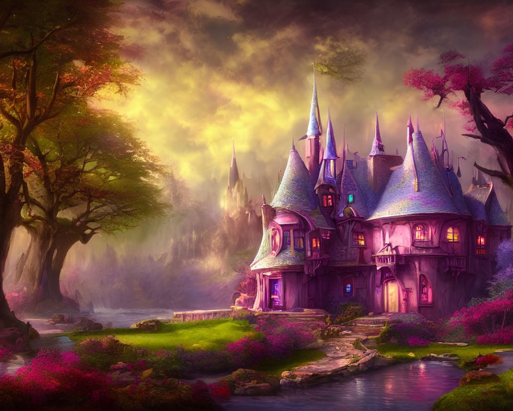 Enchanting Fairytale Castle in Pink Forest at Sunset