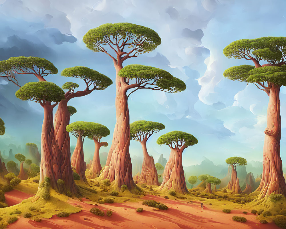 Fantasy landscape with towering trees and blue skies