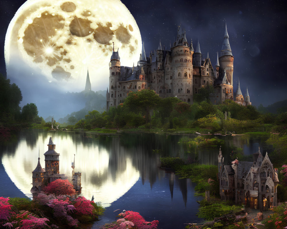 Fantasy castle by tranquil lake under starry sky with detailed moon and lush flora.