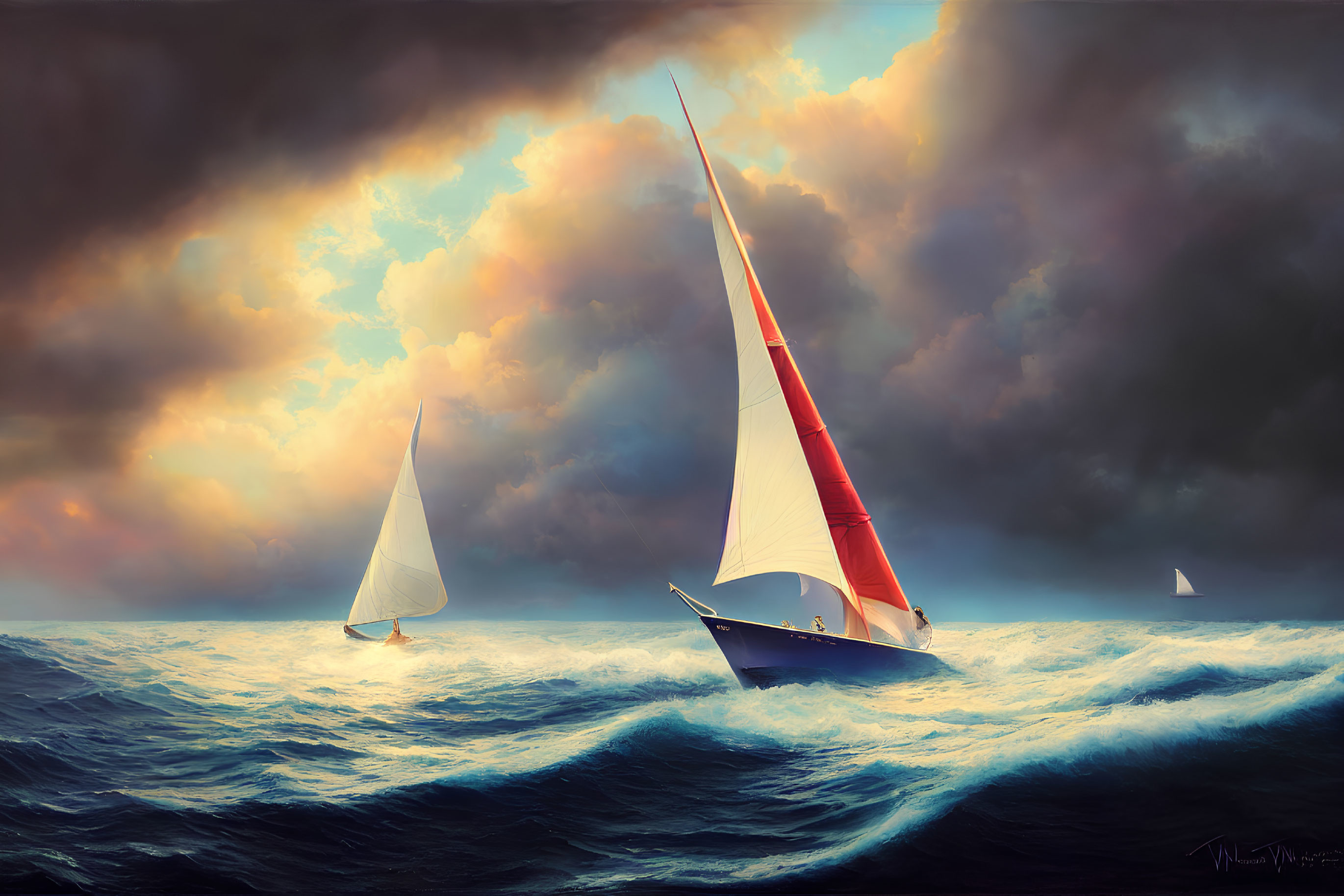 Sailboats on Turbulent Sea Under Dramatic Sunlit Sky