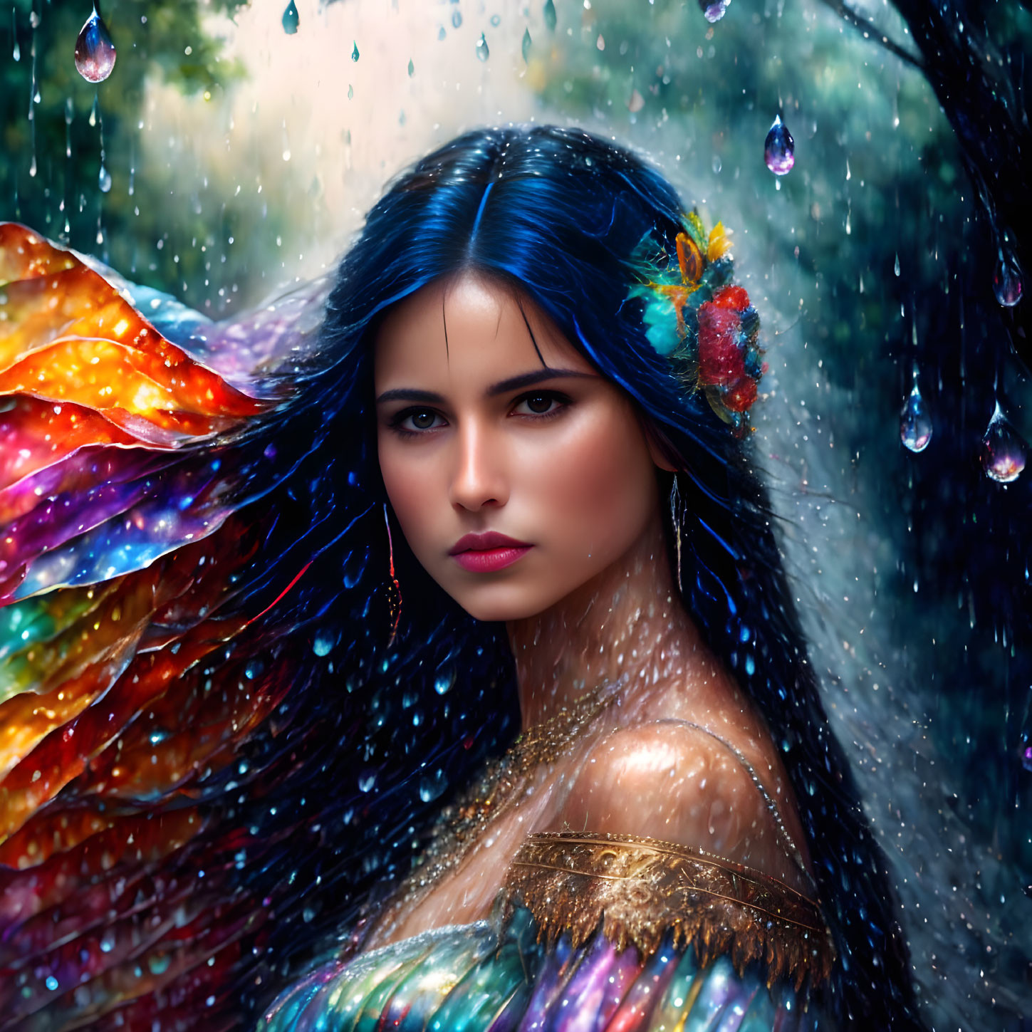 Vibrant digital artwork: woman with blue hair & multicolored wings on rain-streaked