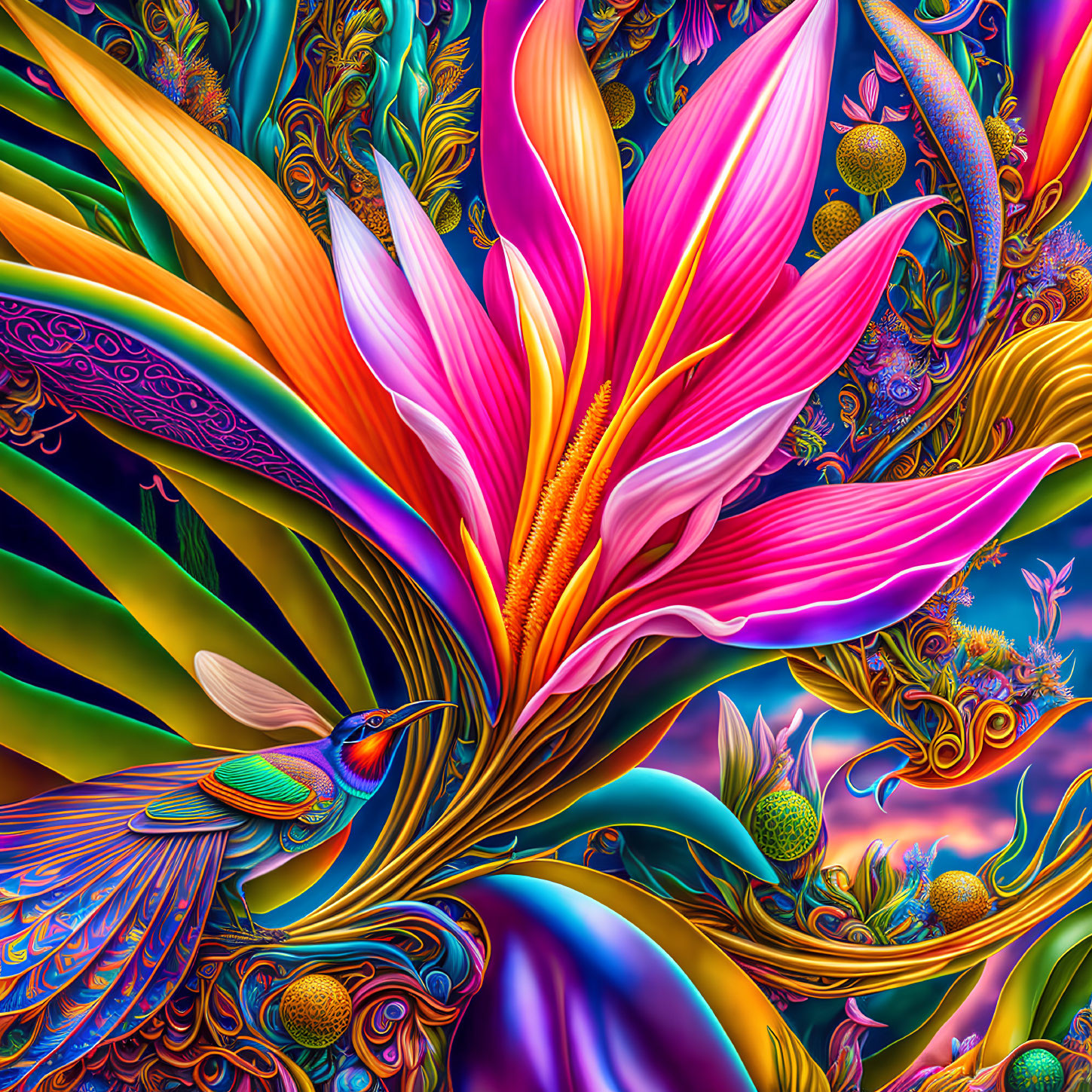 Colorful hummingbird and flower in intricate digital art