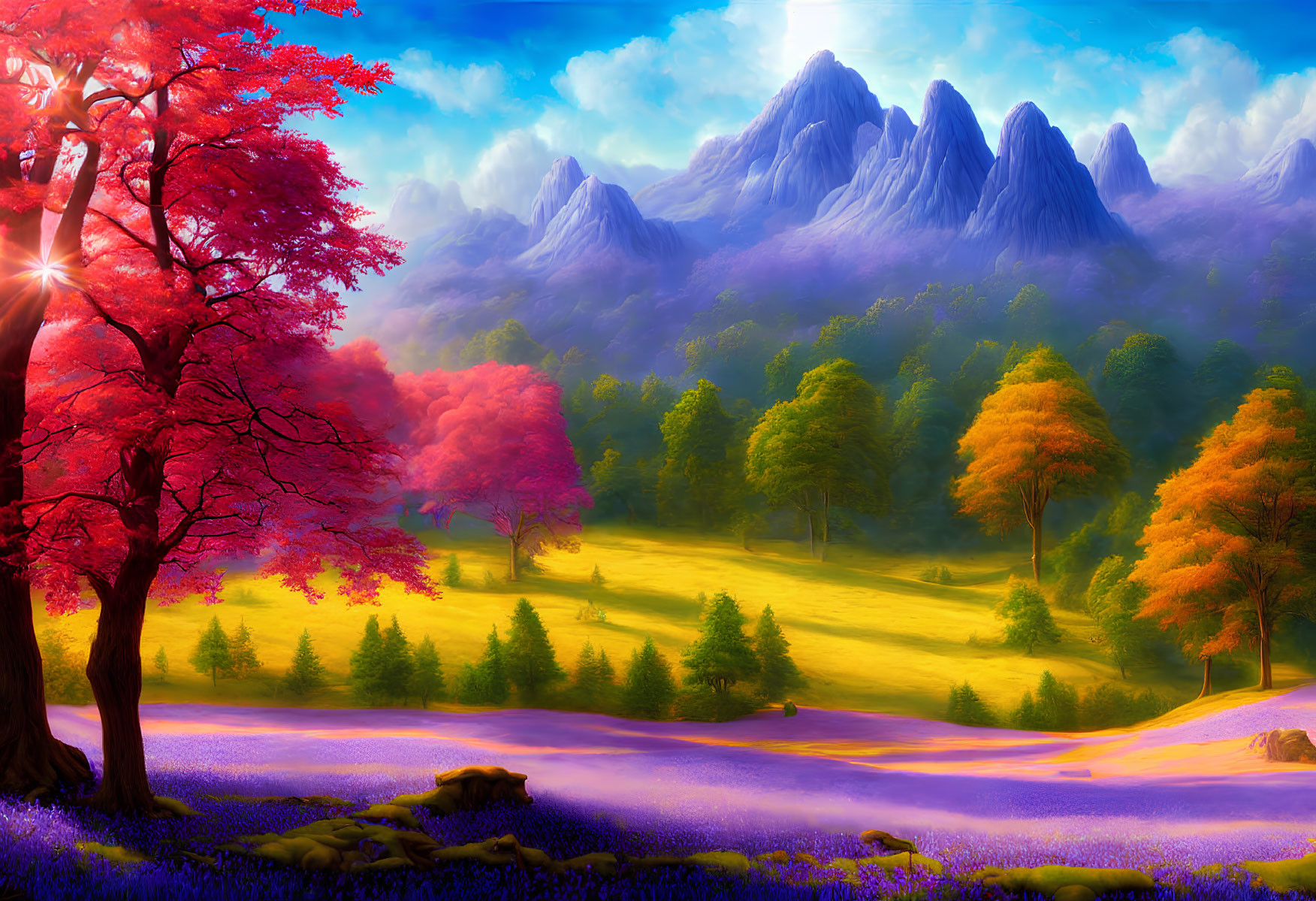 Colorful Fantasy Landscape with Trees, River, Flowers, Sunbeams, and Mountains