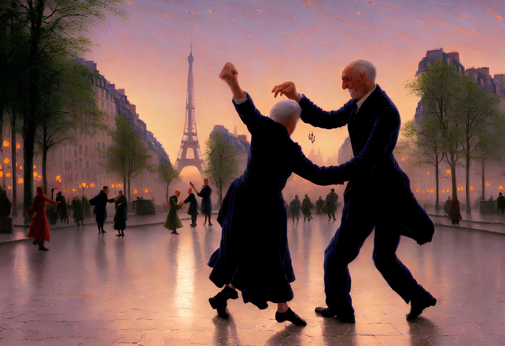 Elderly couple dancing on cobblestone plaza at dusk with Eiffel Tower in background