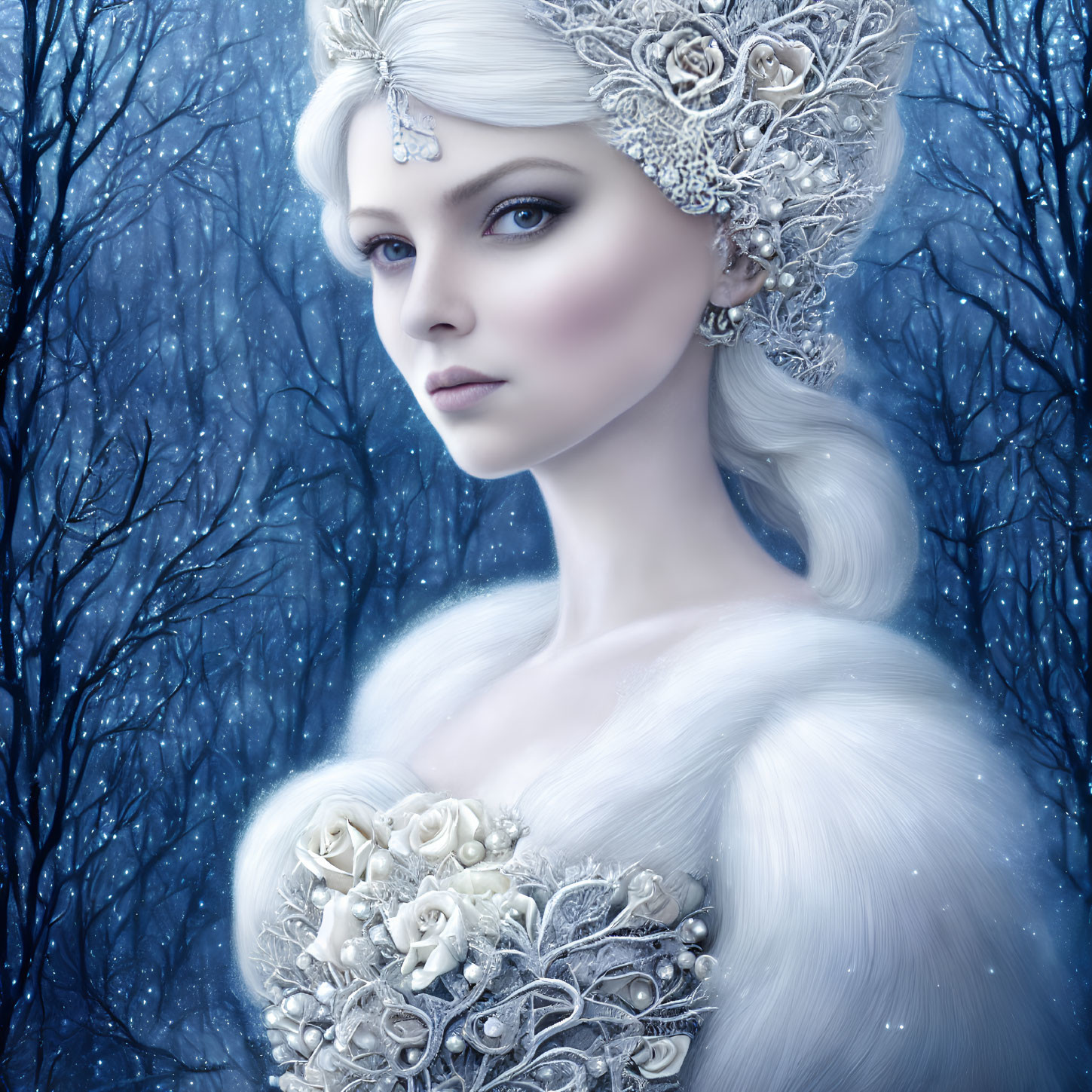 Pale-skinned woman with ice-blue eyes in silver headdress and floral gown against wintry tree backdrop