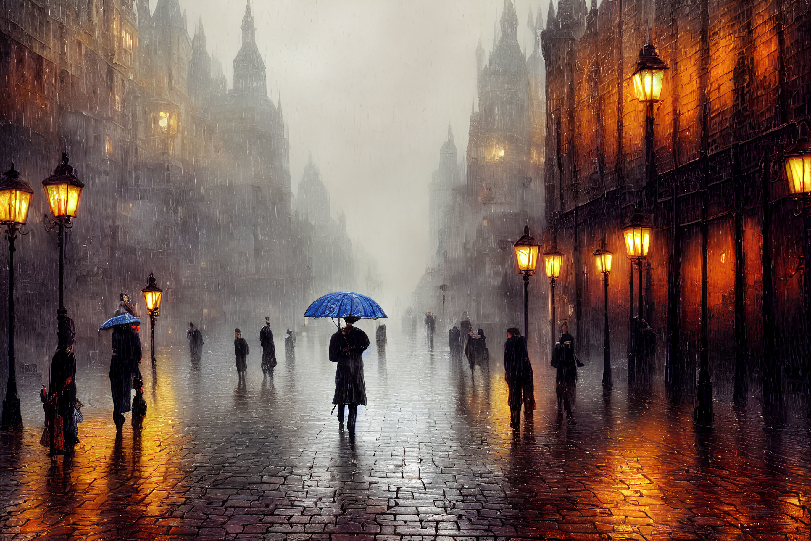 Rainy cobblestone street with people and umbrellas under glowing streetlamps
