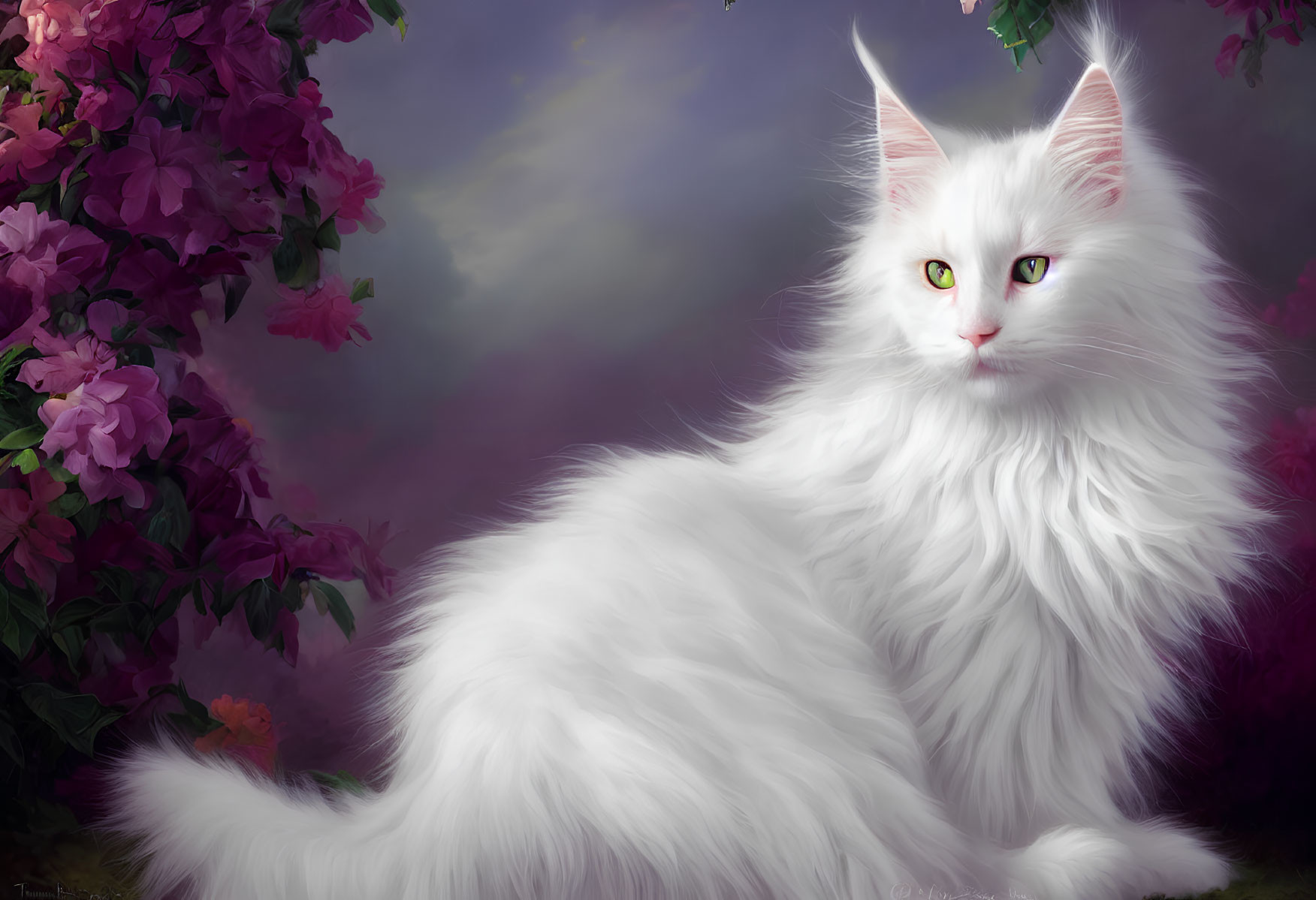 White Fluffy Cat with Green Eyes Surrounded by Purple Flowers
