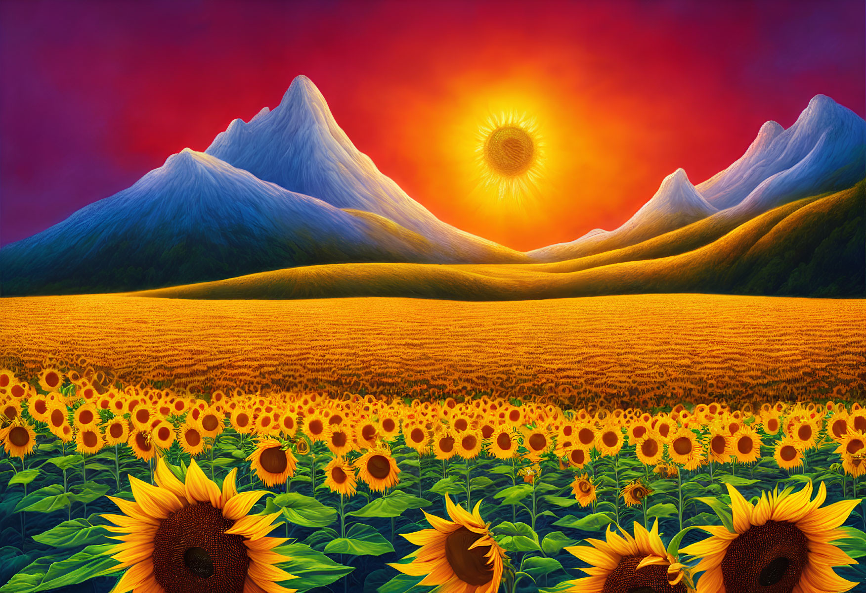 Colorful landscape with snow-capped mountains, sunflowers, and stylized sun eye.